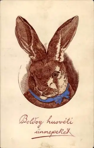 Präge Litho Brauner Hase mit blauer Schleife