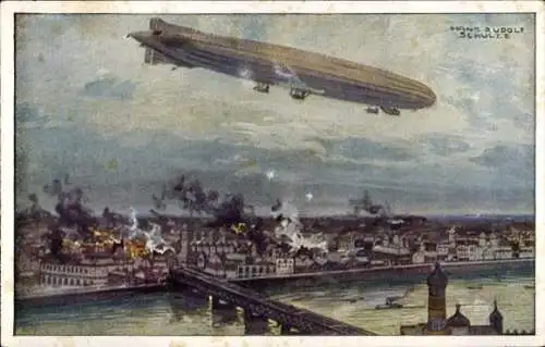 Künstler Ak Schulze, Hans Rudolf, Zeppelin, Luftschiff Schütte Lanz, Warschau bombardierend, I. WK