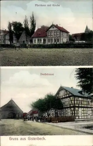 Ak Gistenbeck Clenze in Niedersachsen, Pfarrhaus, Kirche, Dorfstraße