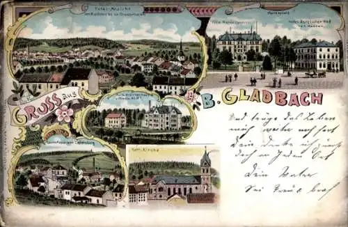 Litho Bergisch Gladbach Nordrhein Westfalen, Marktplatz, Hotel Bergischer Hof, Kirche, Krankenhaus