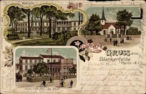 Litho Berlin Pankow Blankenfelde, Heimstätte, Kirche, Gasthof