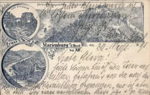 Vorläufer Litho Alf an der Mosel, Ruine Marienburg, Hotel, Panorama
