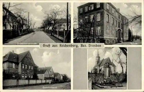 Ak Reichenberg Moritzburg in Sachsen, Gemeindehaus, Schule, Kirche, Gemeindeamt