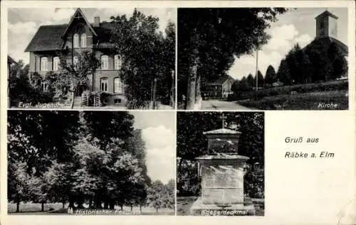 Ak Räbke Nord Elm Niedersachsen, Jugendheim, Festplatz, Kriegerdenkmal, Kirche