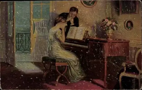 Künstler Ak Hensel, O., Das Abschiedslied, Frau am Klavier, Mann