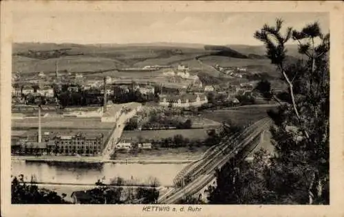 Ak Kettwig Essen im Ruhrgebiet, Teilansicht, Eisenbahnbrücke, Fabrikgebäude