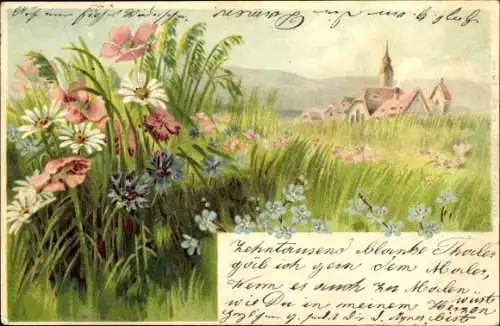 Litho Blumenwiese, Kirche, Vergissmeinnicht, Margeriten, Mohn