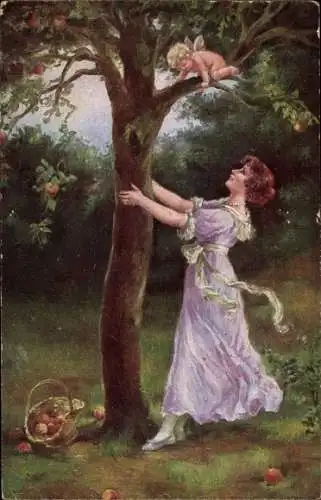 Künstler Ak Barth, K., Der erwischte Amor, Apfelbaum