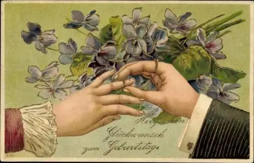 Präge Ak Glückwunsch Geburtstag, Liebespaar, Verlobungsring, Veilchen