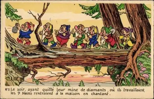 Künstler Ak Disney, Blanche Neige, Snow White, Schneewittchen, Sieben Zwerge, Nains
