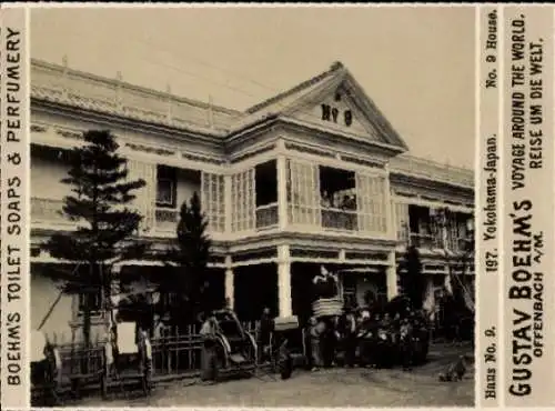 Foto Yokohama Japan, Haus No. 9, Reklame, Gustav Boehm's Reise um die Welt, Boehm's Toilettenseifen