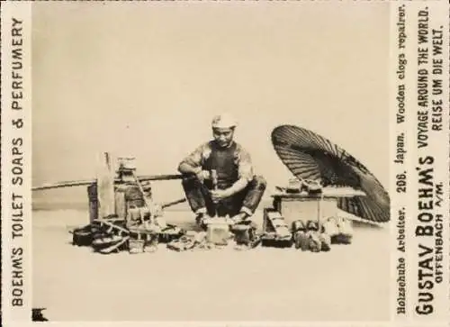 Foto Japan, Holzschuhmacher, Reklame, Gustav Boehm's Reise um die Welt, Boehm's Toilettenseifen