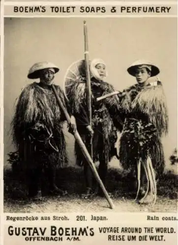 Foto Japan, Regenröcke aus Stroh, Reklame, Gustav Boehm's Reise um die Welt, Boehm's Toilettenseifen