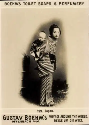 Foto Japan, Japanerin mit Kind, Reklame, Gustav Boehm's Reise um die Welt, Boehm's Toilettenseifen