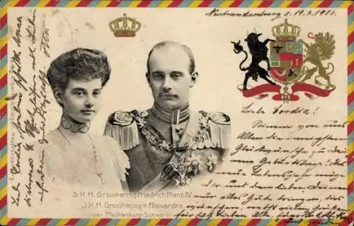 Ak Großherzog Friedrich Franz IV, Großherzogin Alexandra, Adel Mecklenburg-Schwerin