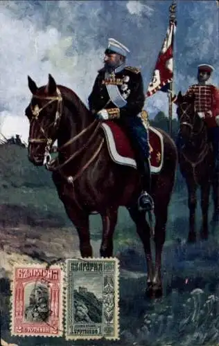 Ak Zar Ferdinand von Bulgarien, Portrait in Uniform zu Pferd