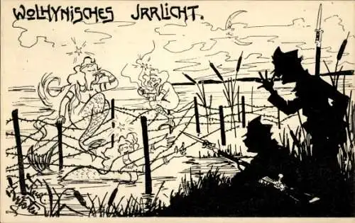 Künstler Ak Kristen, Rud., Wolhynisches Irrlicht, Nixen, Stacheldrahtzaun, KuK Soldaten