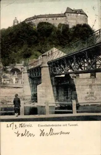 Ak Greiz im Vogtland, Eisenbahnbrücke mit Tunnel