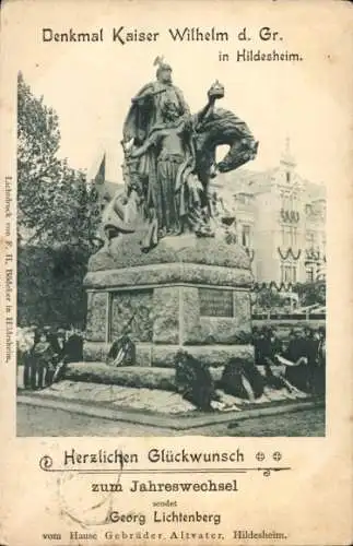 Ak Hildesheim in Niedersachsen, Denkmal Kaiser Wilhelm der Große, Glückwunsch Neujahr