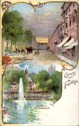 Litho Fürth in Mittelfranken Bayern, Anlage Ludwigsbahnhof, Stadtpark