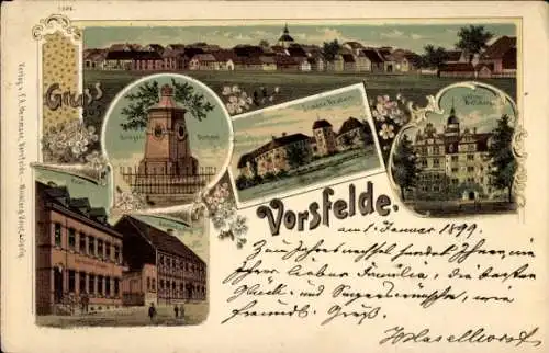 Litho Vorsfelde Wolfsburg in Niedersachsen, Kriegerdenkmal, Domäne Neuhaus, Post, Schloss