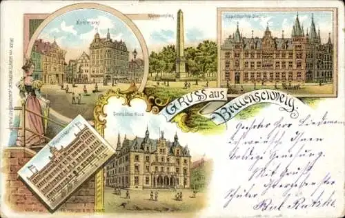 Litho Braunschweig in Niedersachsen, Kohlmarkt, Monumentplatz, Kaiserliche Oberpostdirektion