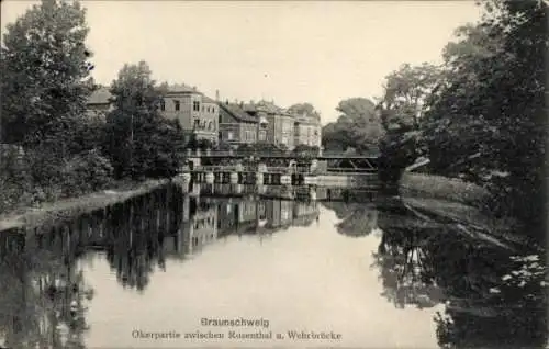 Ak Braunschweig in Niedersachsen, Oker, Rosenthal, Wehrbrücke