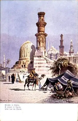 Künstler Ak Perlberg, F., Kairo Ägypten, Straßenpartie, Ruine, Zelt, Kamel