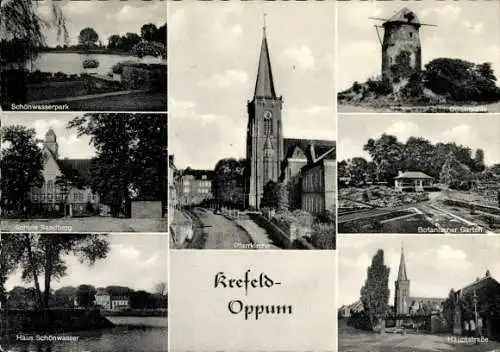 Ak Oppum Krefeld am Niederrhein, Schönwasserpark, Schule Sandberg, Haus Schönwasser, Kirche