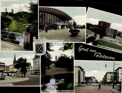 Ak Bochum im Ruhrgebiet, Stadtpark, Hauptbahnhof, Städt. Schauspielhaus, Bismarckturm