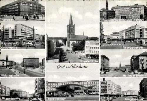 Ak Bochum im Ruhrgebiet, Hauptbahnhof, Probsteikirche, Hauptpost, Rathaus, Bongardstraße