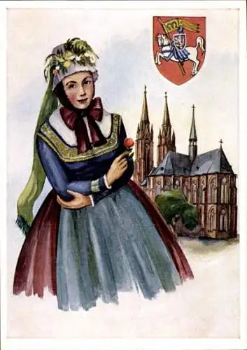 Künstler Ak Marburg an der Lahn, Frau in Tracht, Kirche, Wappen