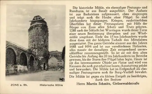 Ak Zons Dormagen am Niederrhein, Historische Mühle, Gedicht