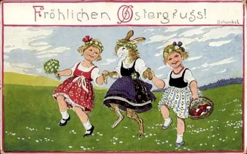 Künstler Ak Schenkel, F., Glückwunsch Ostern, Osterhase, Tanzende Kinder