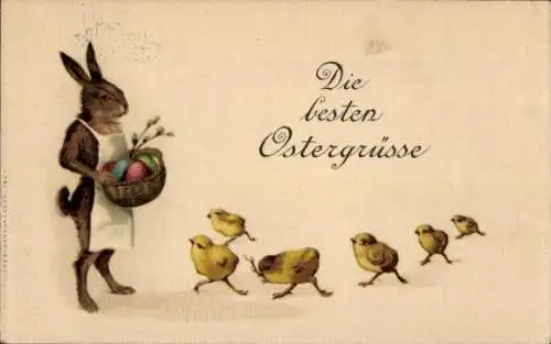 Ak Glückwunsch Ostern, Osterhase, Küken, Weidenkätzchen