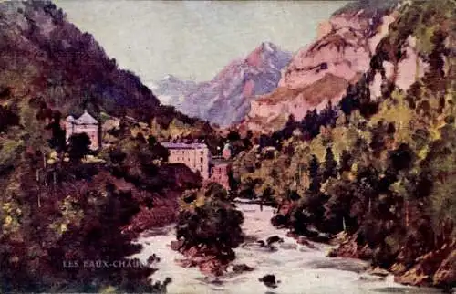Künstler Ak Eaux Chaudes Laruns Pyrénées Atlantiques, Flusslauf, Wald, Gebirge