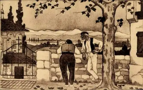 Künstler Ak Le Tanneur, Jacques, Baskenland, Herbst, Zwei Männer vor der Friedhofsmauer