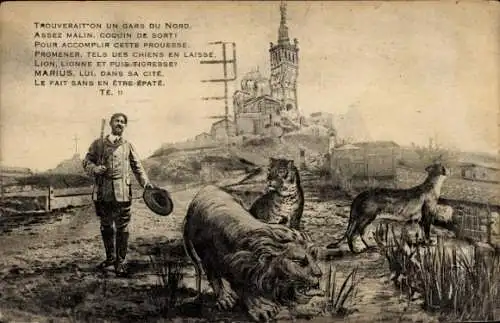 Ak Marseille Bouches du Rhône, Jäger mit Löwe, Tiger und Leopard