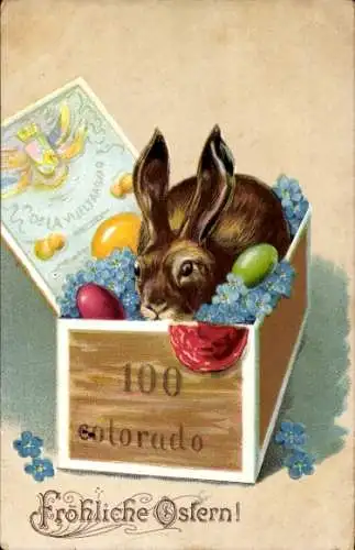 Litho Glückwunsch Ostern, Hase und Ostereier in einer Schachtel