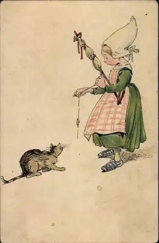 Ak Mädchen in Tracht mit Spindel, Katze