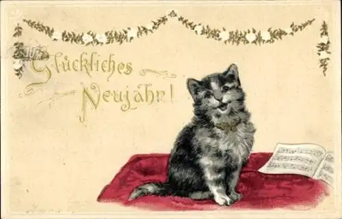Präge Litho Glückwunsch Neujahr, Singende getigerte Katze, Notenheft