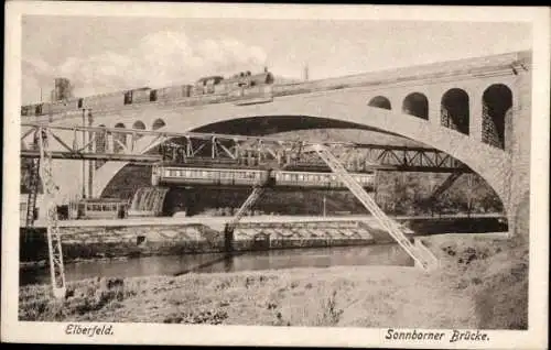 Ak Elberfeld Wuppertal, Sonnborner Brücke, Schwebebahn, Eisenbahn, Brücke