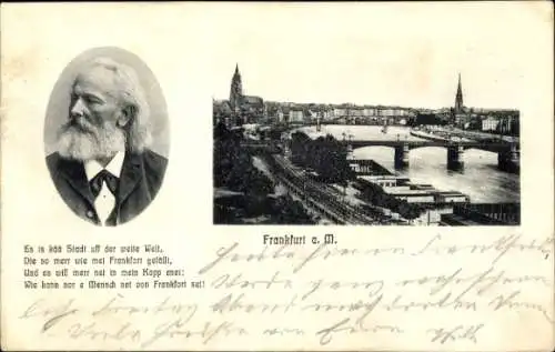 Ak Frankfurt am Main,, Teilansicht, Brücke, Kirche, Portrait Stoltze