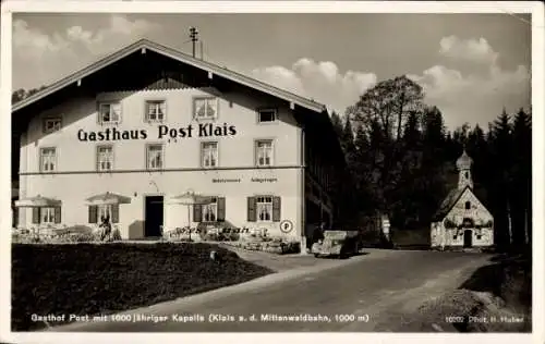 Ak Mittenwald in Oberbayern, Gasthof Post, Kapelle