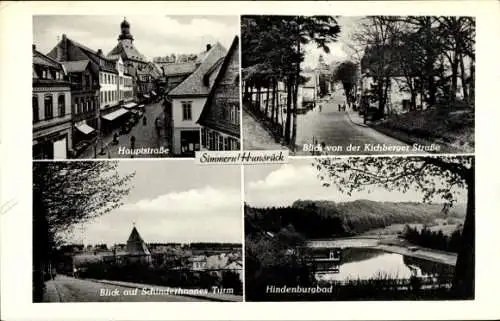 Ak Simmern im Hunsrück, Hauptstraße, Hindenburgbad, Kirchberger Straße, Schinderhannes Turm