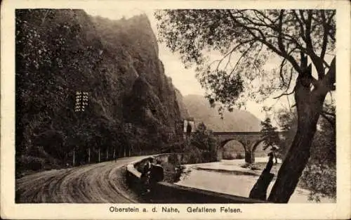 Ak Idar Oberstein an der Nahe, gefallene Felsen, Brücke