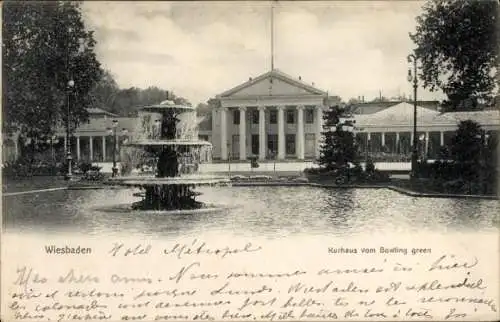 Ak Wiesbaden in Hessen, Kurhaus, Blick vom Bowling green, Springbrunnen