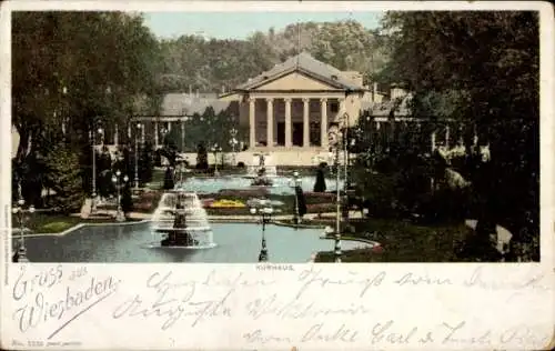 Ak Wiesbaden in Hessen, Kurhaus, Teich, Springbrunnen