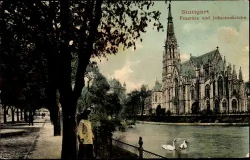 Ak Stuttgart in Württemberg, Feuersee, Johanneskirche, Allee