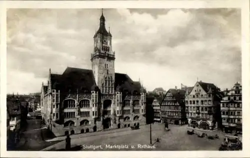 Ak Stuttgart in Württemberg, Marktplatz, Rathaus, Turm, Turmuhr
